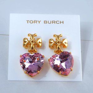 Tory Burch Gold Violet Crystal Heart Drop Earrings (18K Gold)
